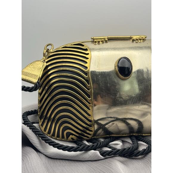 Vintage Oval Bag Golden Black Brass Onyx Stone Small Strap Black Nylon - Picture 2 of 5